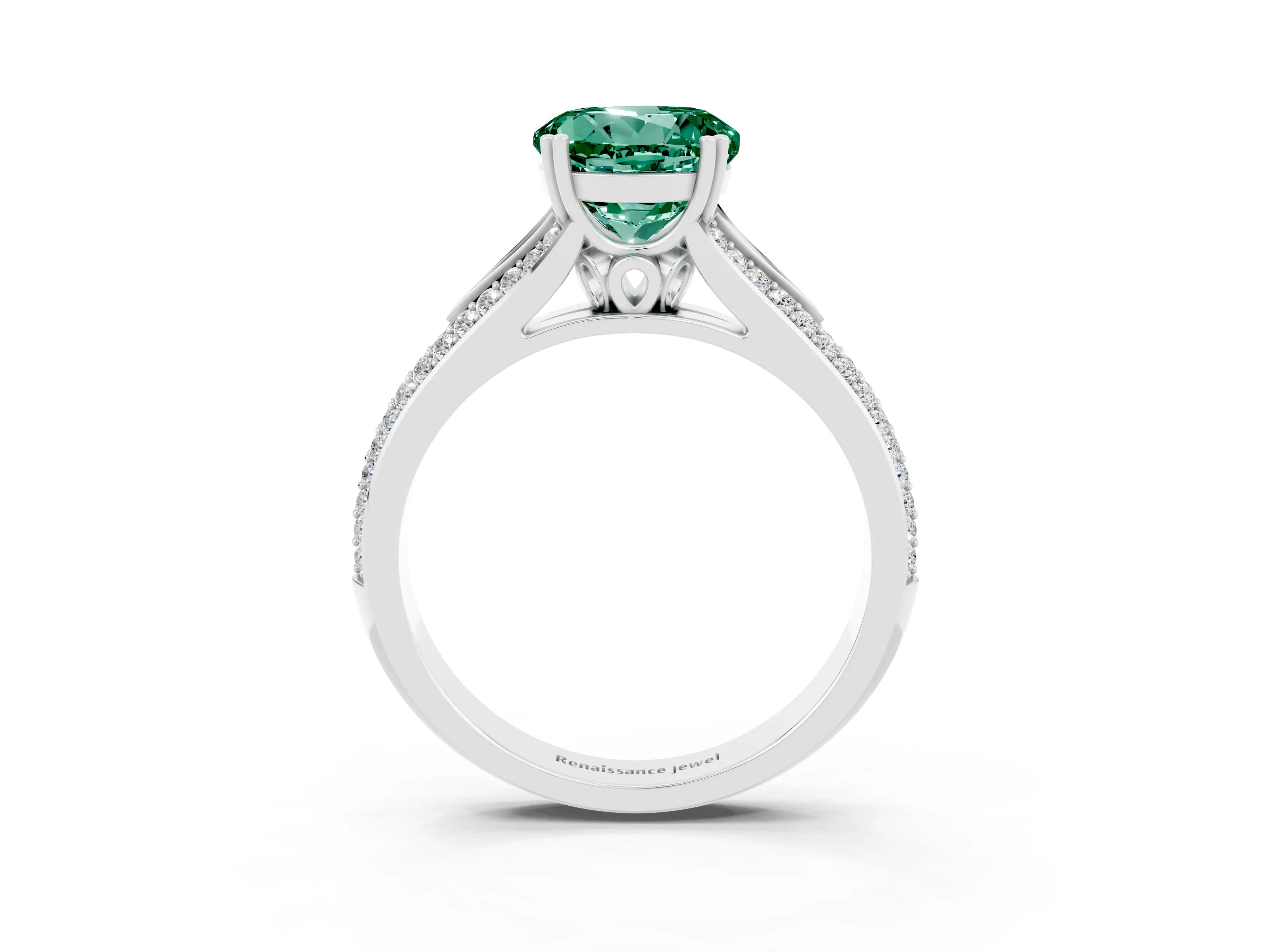 White gold Round Cut Green Sapphire Split Shank Engagement Ring with Pavé Band_3