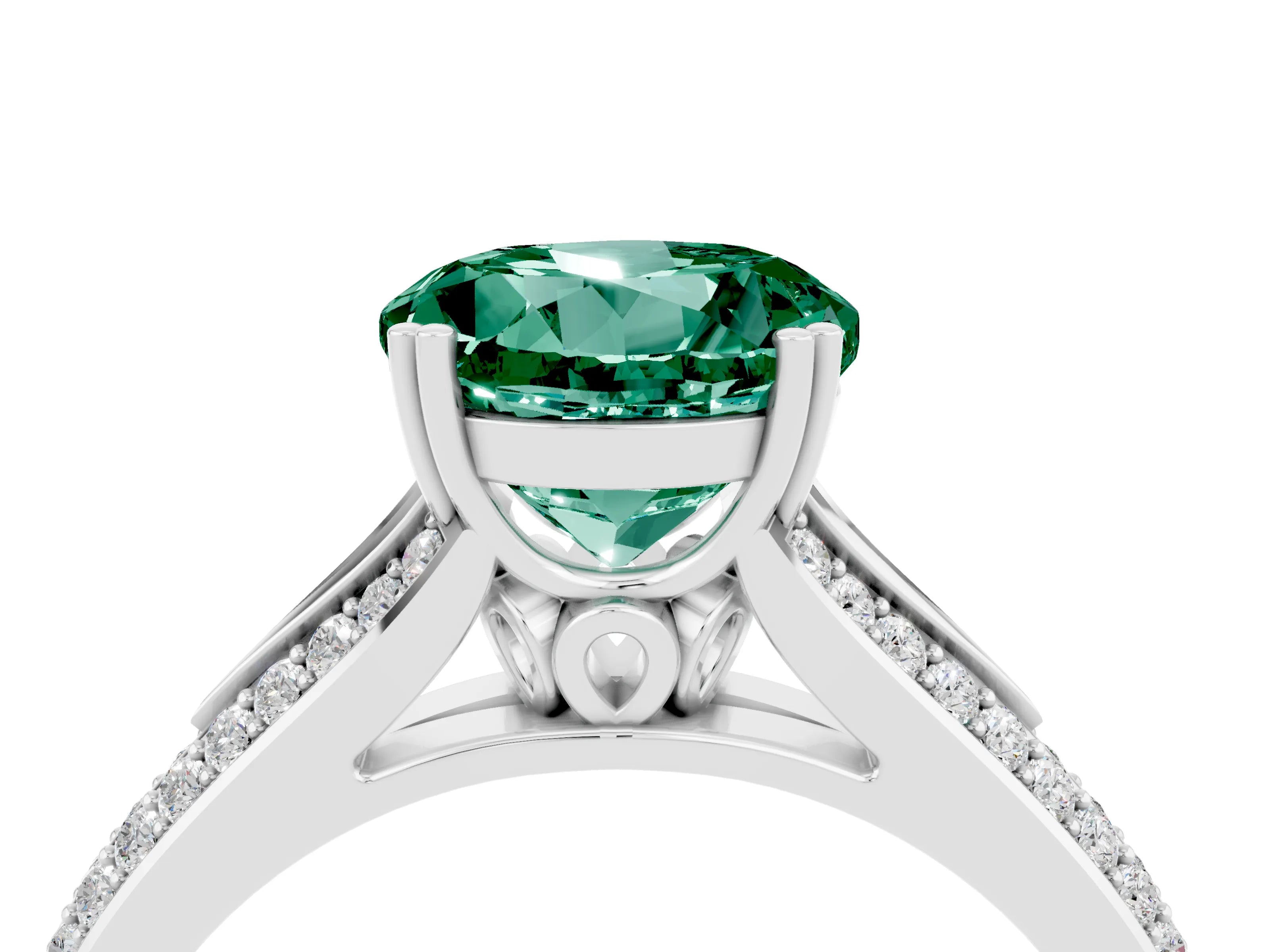 White gold Round Cut Green Sapphire Split Shank Engagement Ring with Pavé Band_4