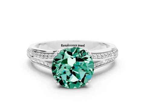 White gold Round Cut Green Sapphire Split Shank Engagement Ring with Pavé Band