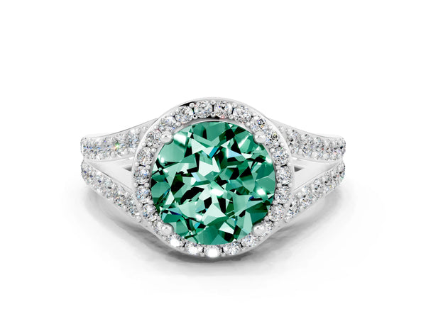 Silver Round Cut Green Sapphire Split Shank Halo Ring with Four-Prong Setting