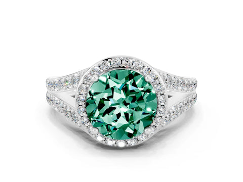 White gold Round Cut Green Sapphire Split Shank Halo Ring with Four-Prong Setting_12