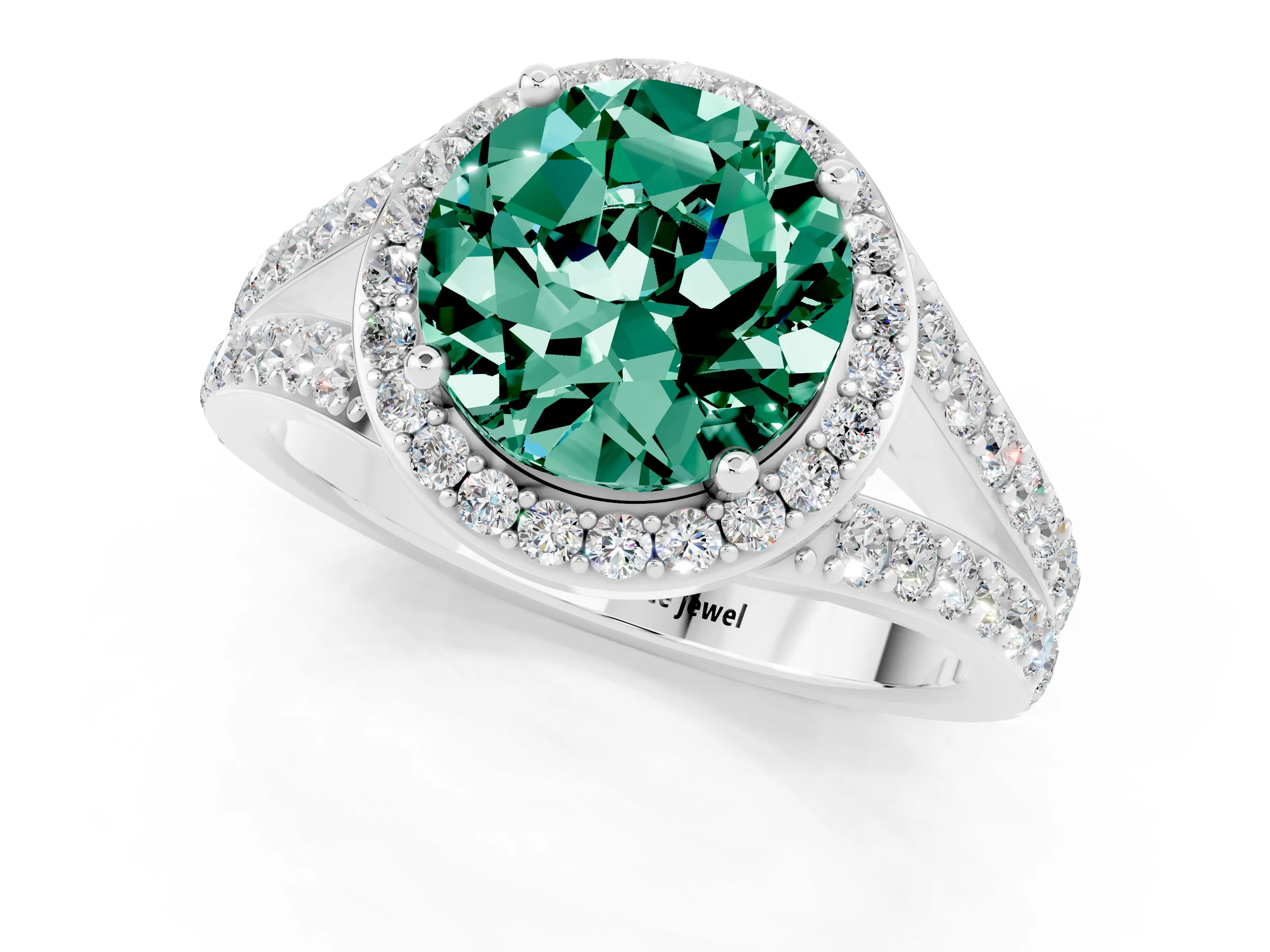 White gold Round Cut Green Sapphire Split Shank Halo Ring with Four-Prong Setting_13