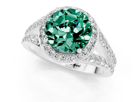 White gold Round Cut Green Sapphire Split Shank Halo Ring with Four-Prong Setting_13