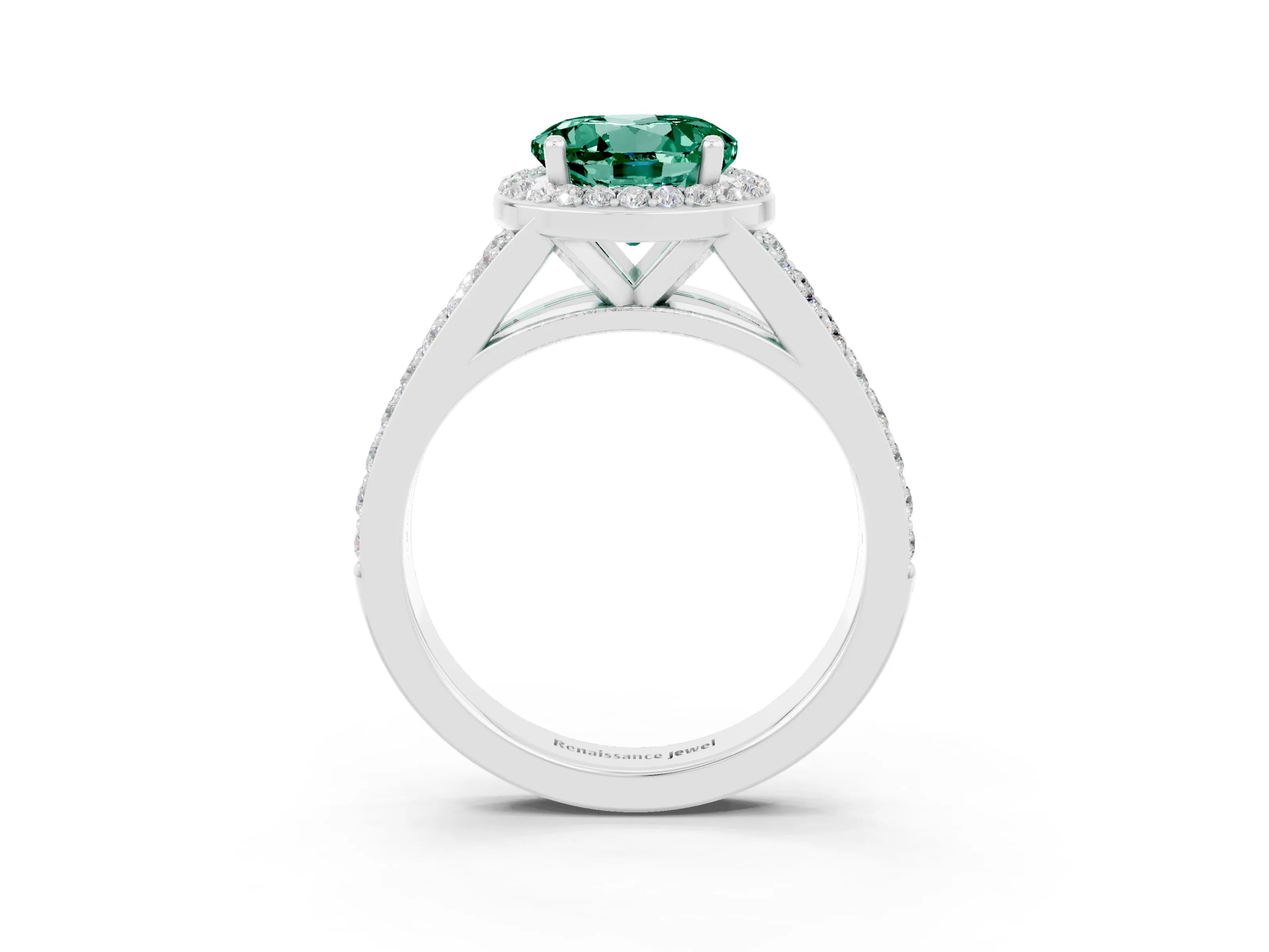 White gold Round Cut Green Sapphire Split Shank Halo Ring with Four-Prong Setting_15