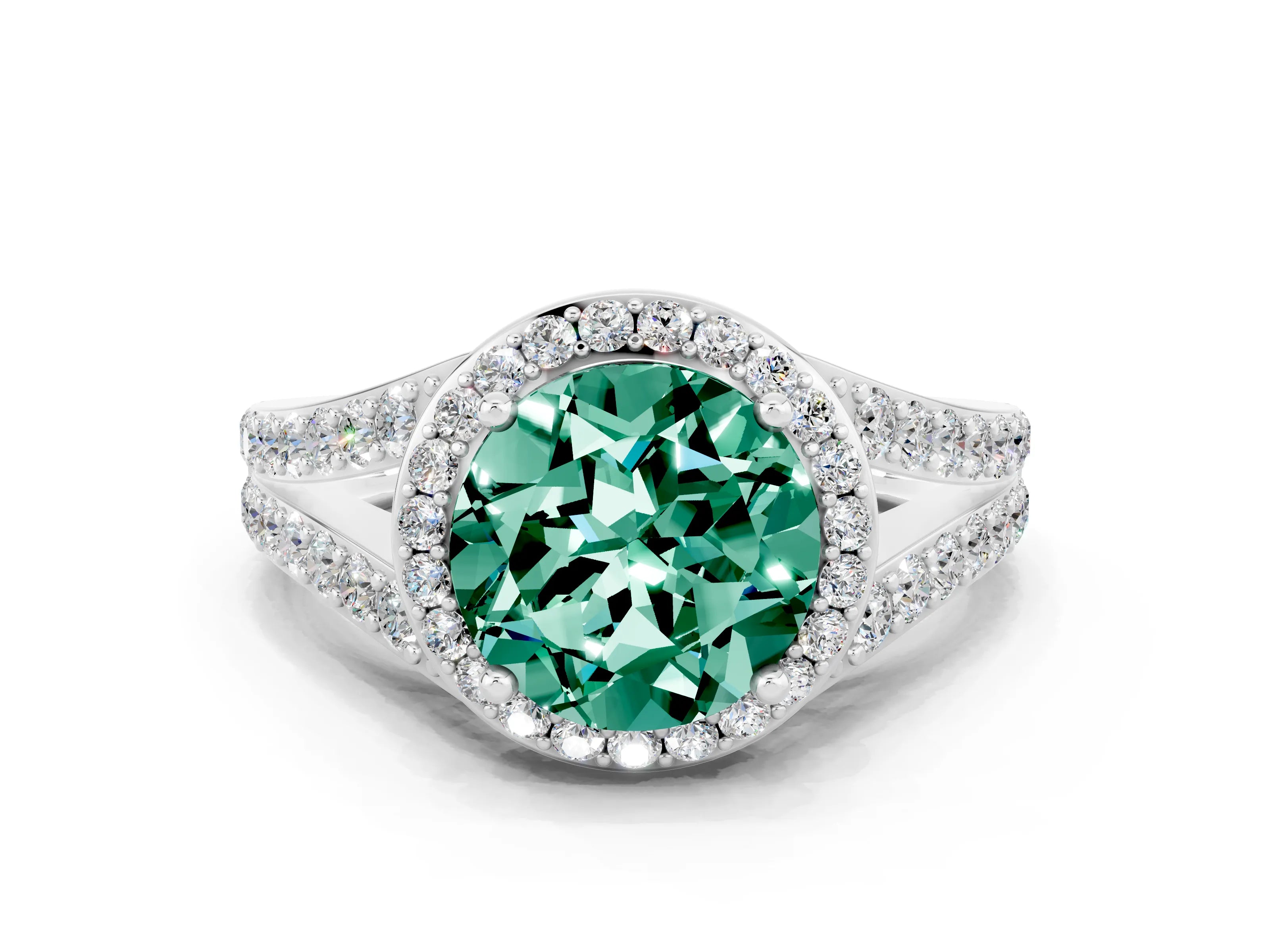 White gold Round Cut Green Sapphire Split Shank Halo Ring with Four-Prong Setting_24