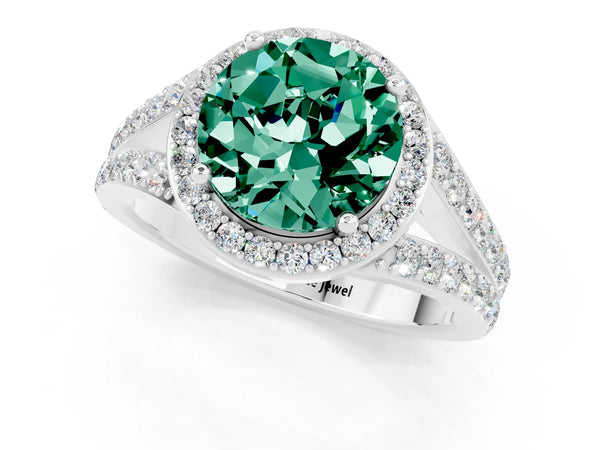 White gold Round Cut Green Sapphire Split Shank Halo Ring with Four-Prong Setting