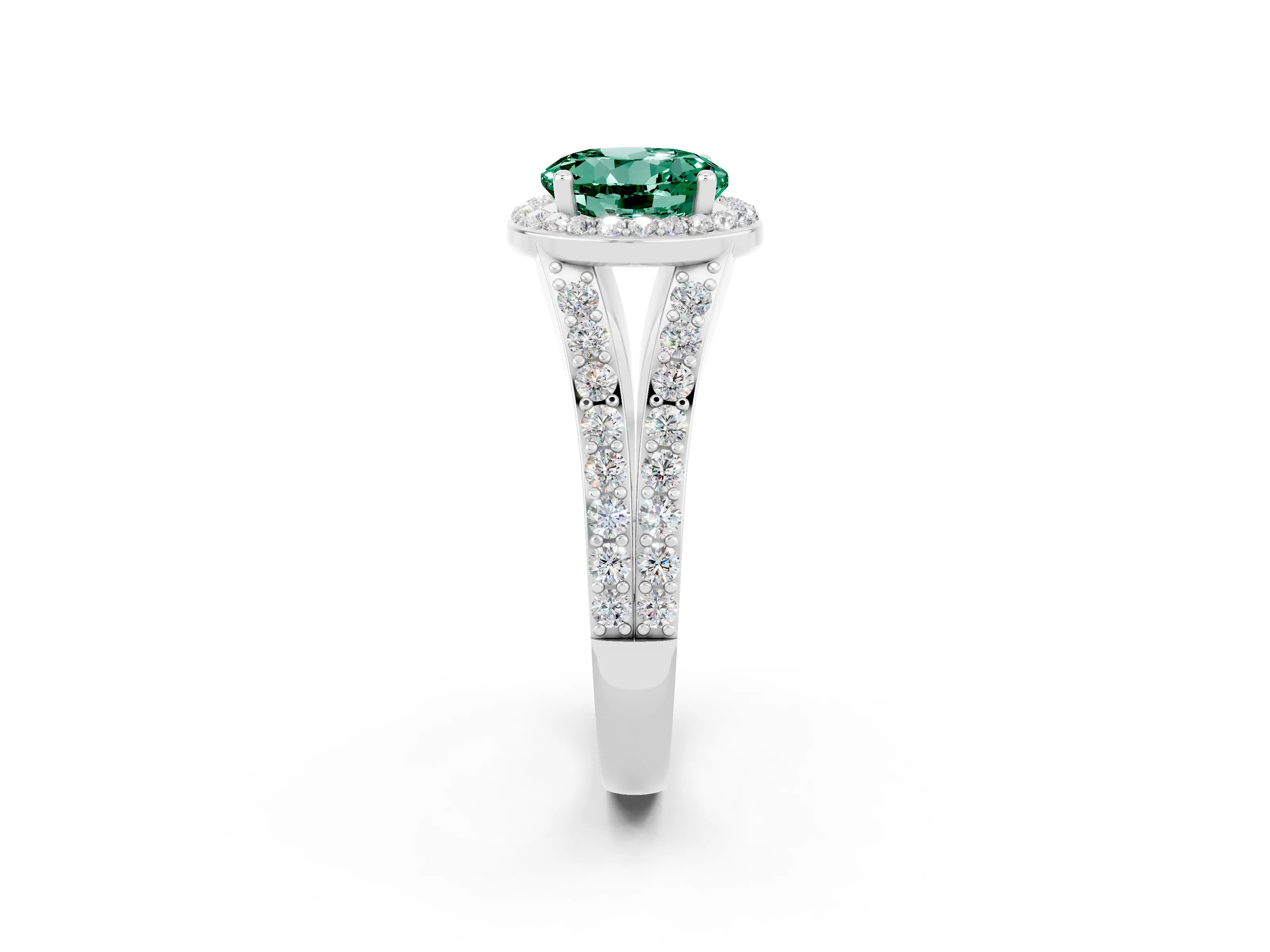 White gold Round Cut Green Sapphire Split Shank Halo Ring with Four-Prong Setting_26