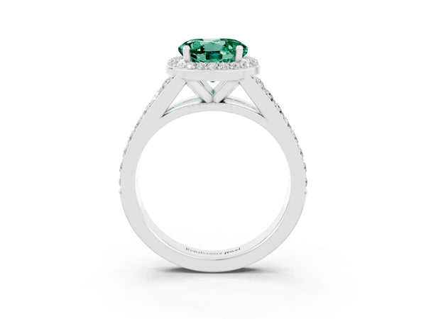 White gold Round Cut Green Sapphire Split Shank Halo Ring with Four-Prong Setting