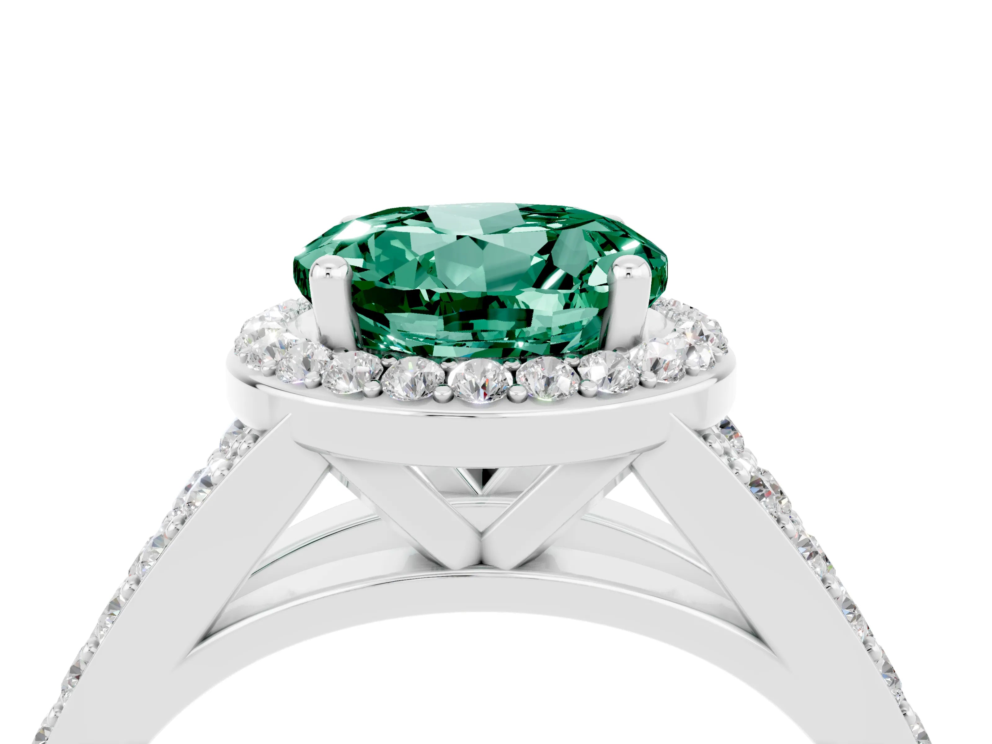 White gold Round Cut Green Sapphire Split Shank Halo Ring with Four-Prong Setting_28