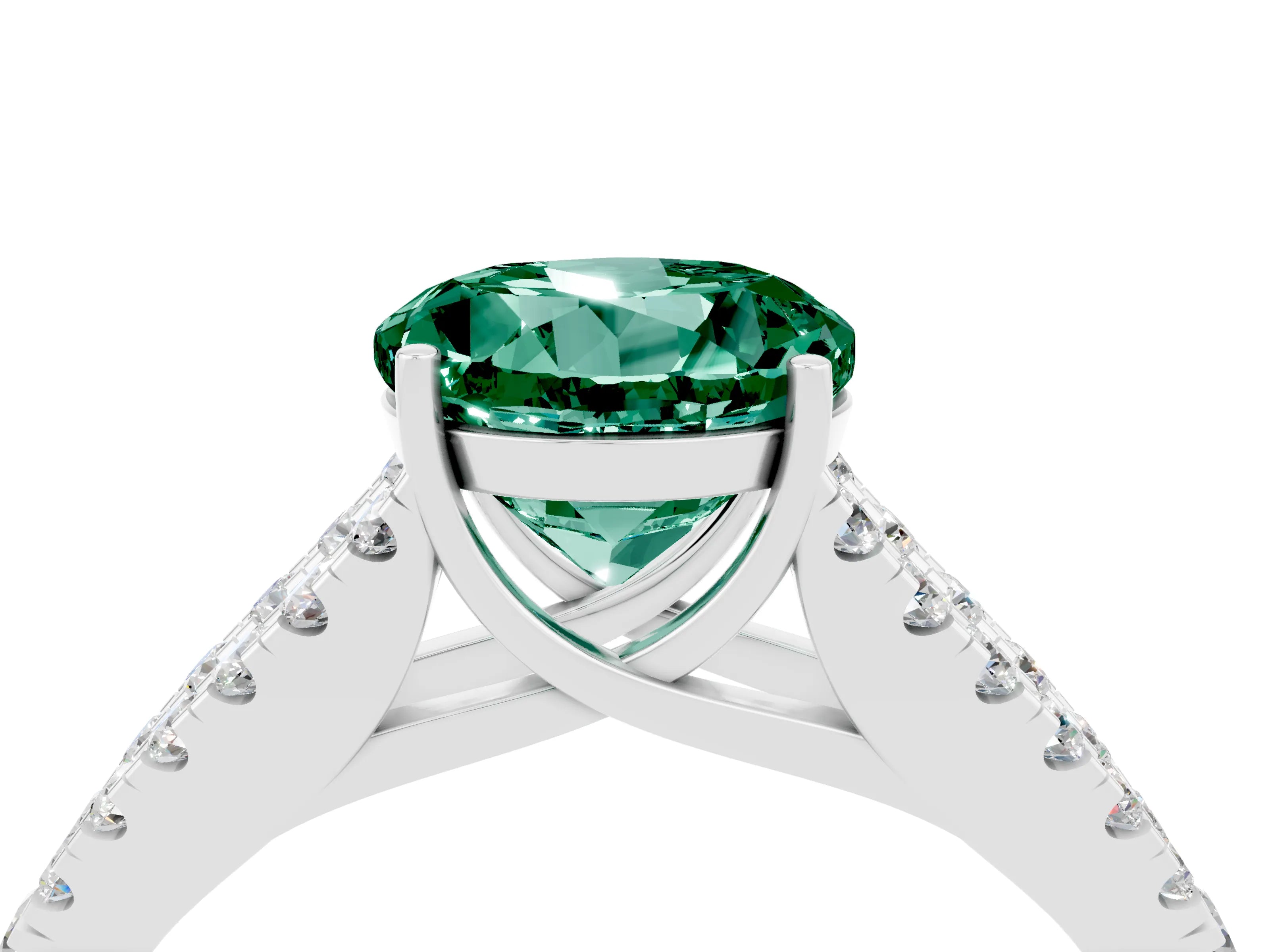 White gold Round Cut Green Sapphire Split Shank Pavé Engagement Ring with Four-Prong Setting_16