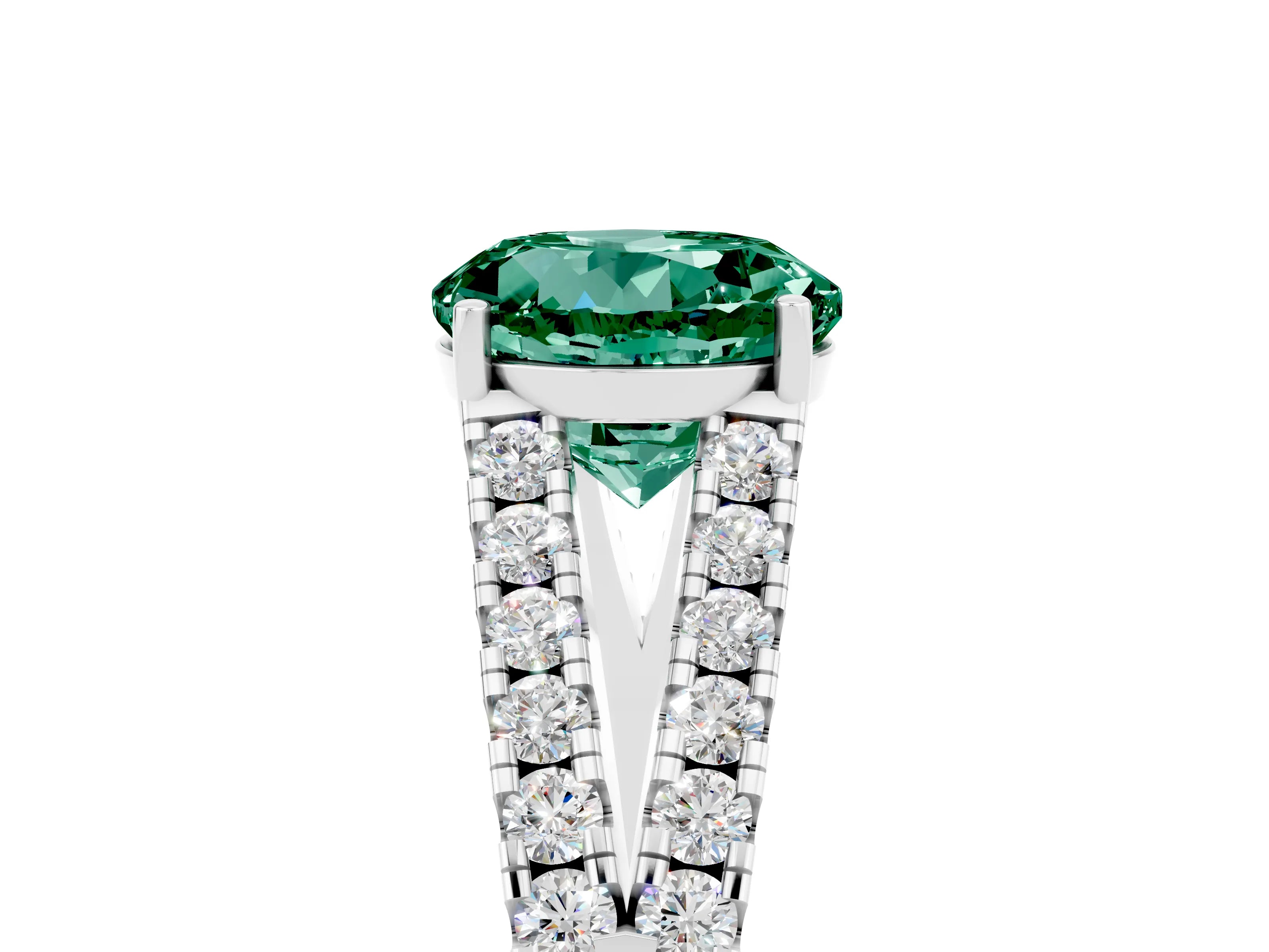 White gold Round Cut Green Sapphire Split Shank Pavé Engagement Ring with Four-Prong Setting_17