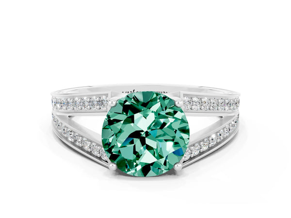 Platinum Round Cut Green Sapphire Split Shank Ring with Pavé Band and Four-Prong Setting