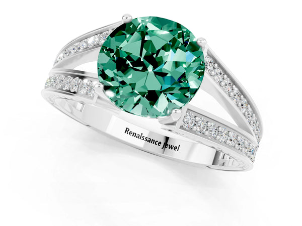 Silver Round Cut Green Sapphire Split Shank Ring with Pavé Band and Four-Prong Setting