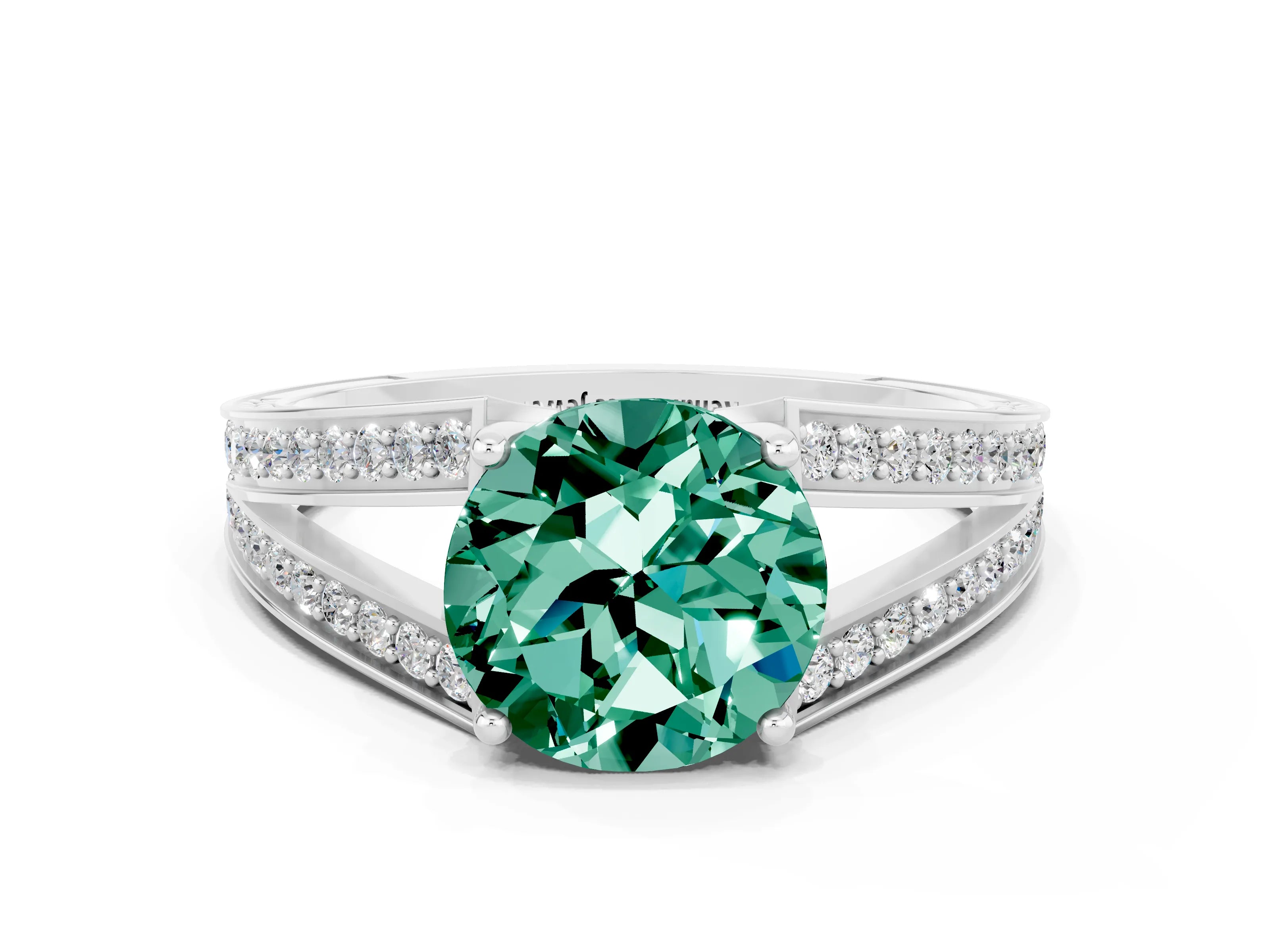 White gold Round Cut Green Sapphire Split Shank Ring with Pavé Band and Four-Prong Setting