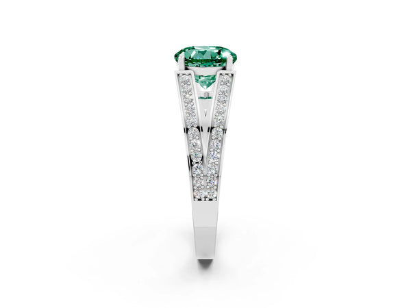 Platinum Round Cut Green Sapphire Split Shank Ring with Pavé Band and Four-Prong Setting