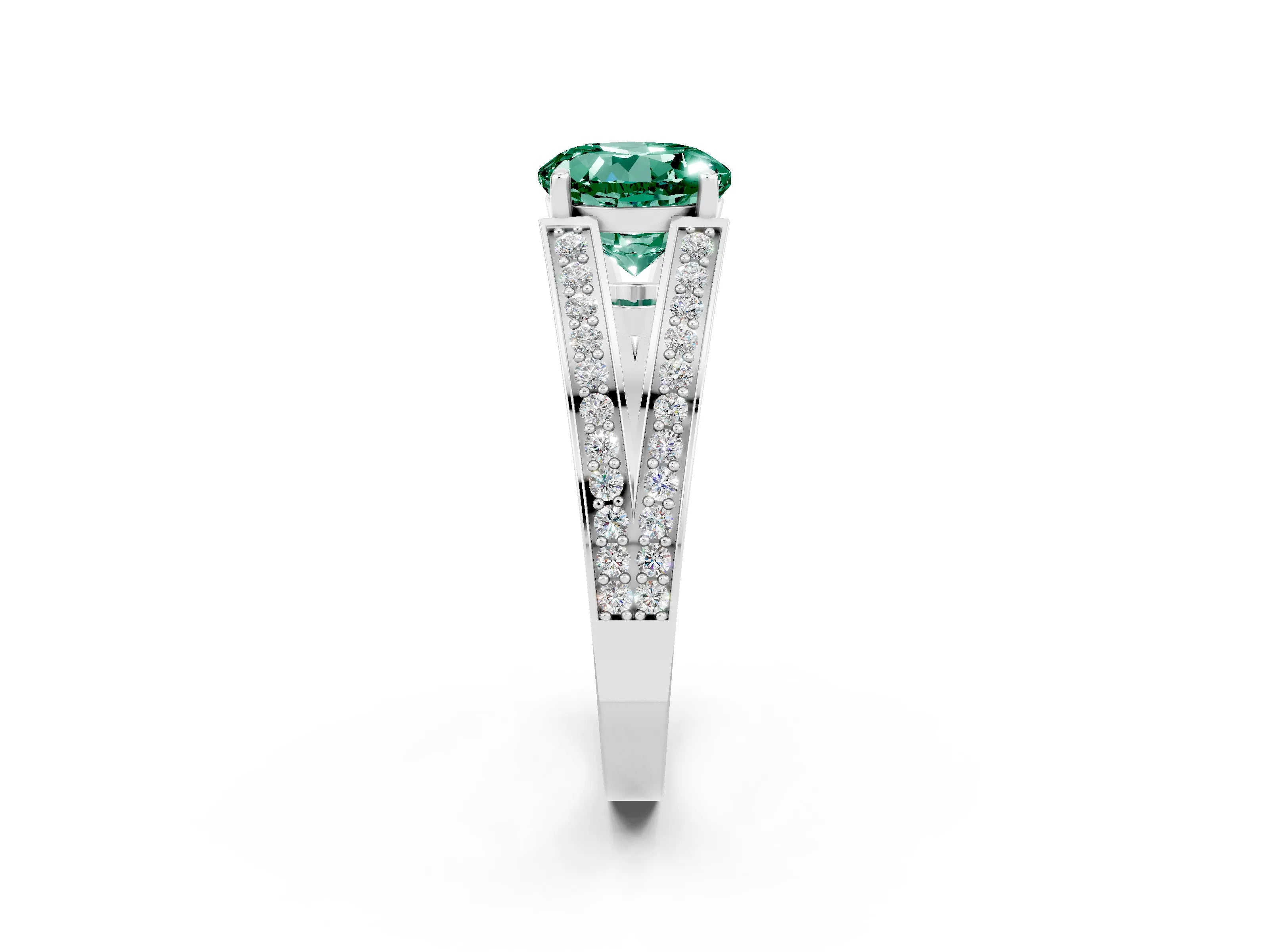 White gold Round Cut Green Sapphire Split Shank Ring with Pavé Band and Four-Prong Setting_2