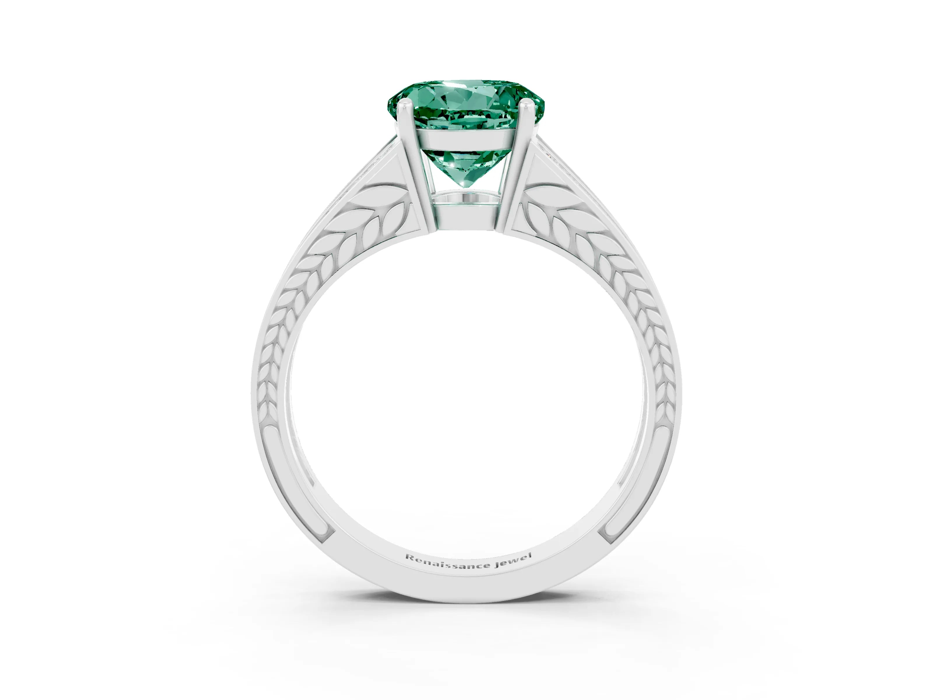 White gold Round Cut Green Sapphire Split Shank Ring with Pavé Band and Four-Prong Setting_3