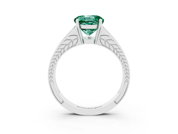 White gold Round Cut Green Sapphire Split Shank Ring with Pavé Band and Four-Prong Setting