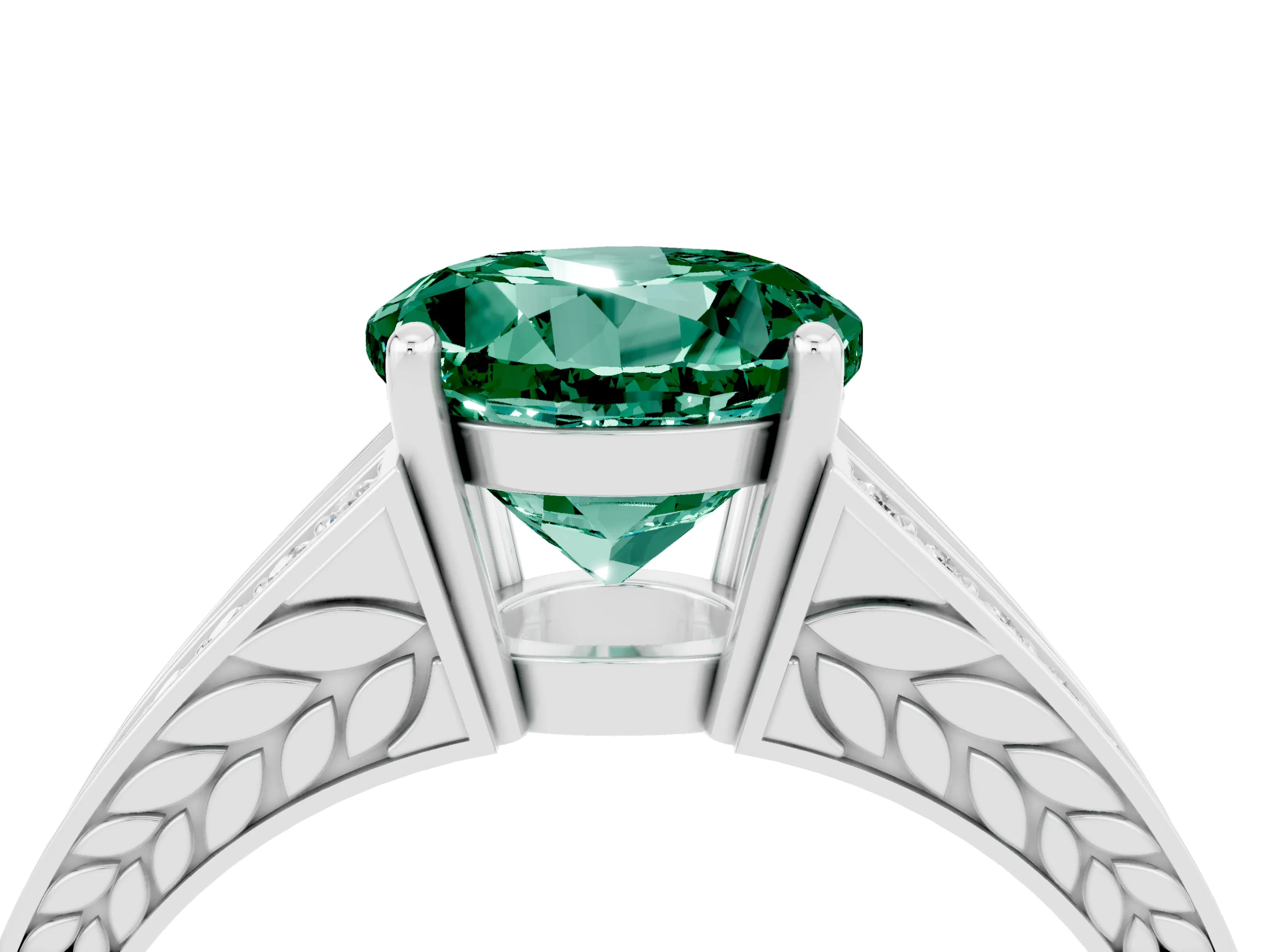 White gold Round Cut Green Sapphire Split Shank Ring with Pavé Band and Four-Prong Setting_4