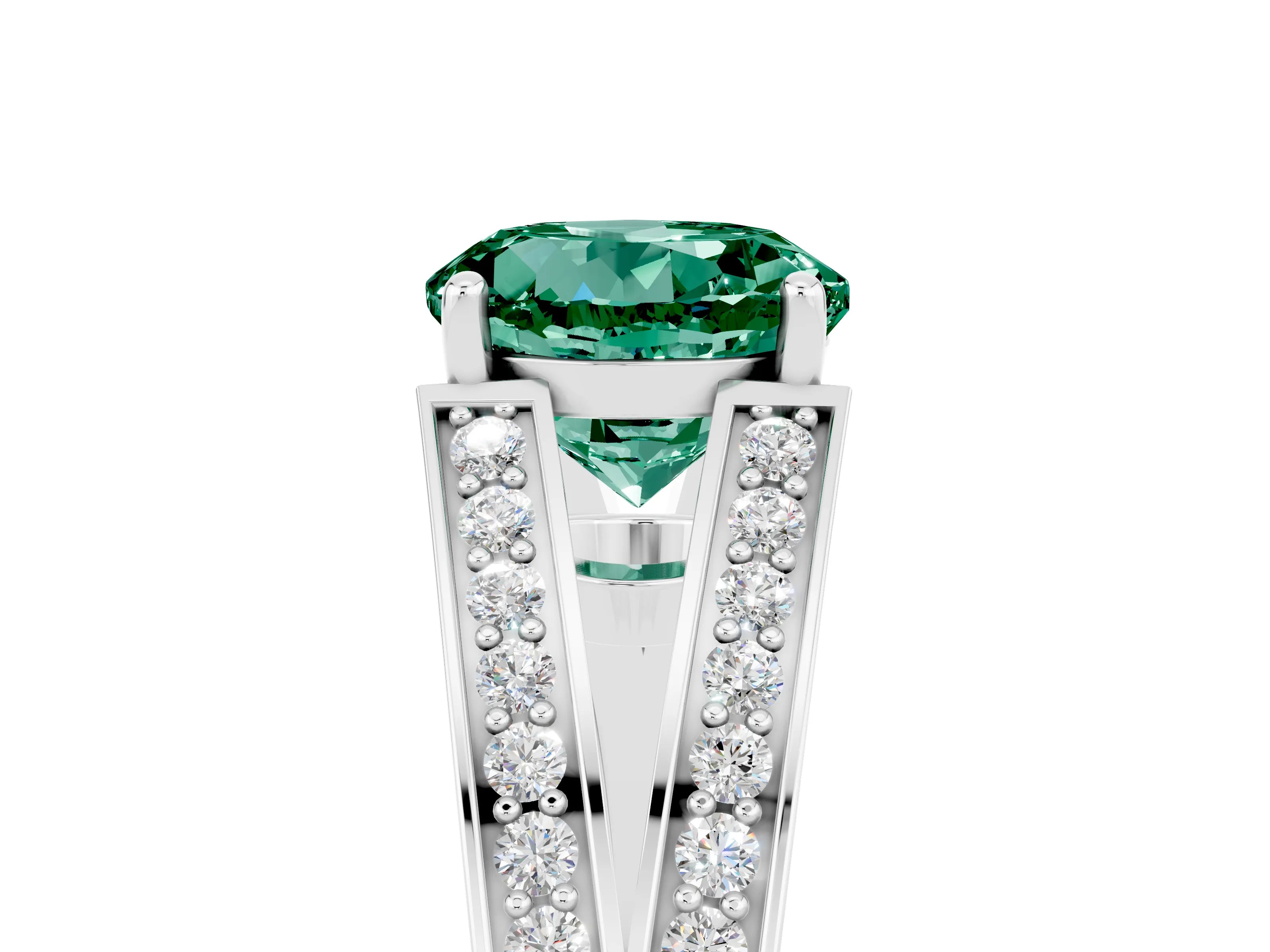 White gold Round Cut Green Sapphire Split Shank Ring with Pavé Band and Four-Prong Setting_5