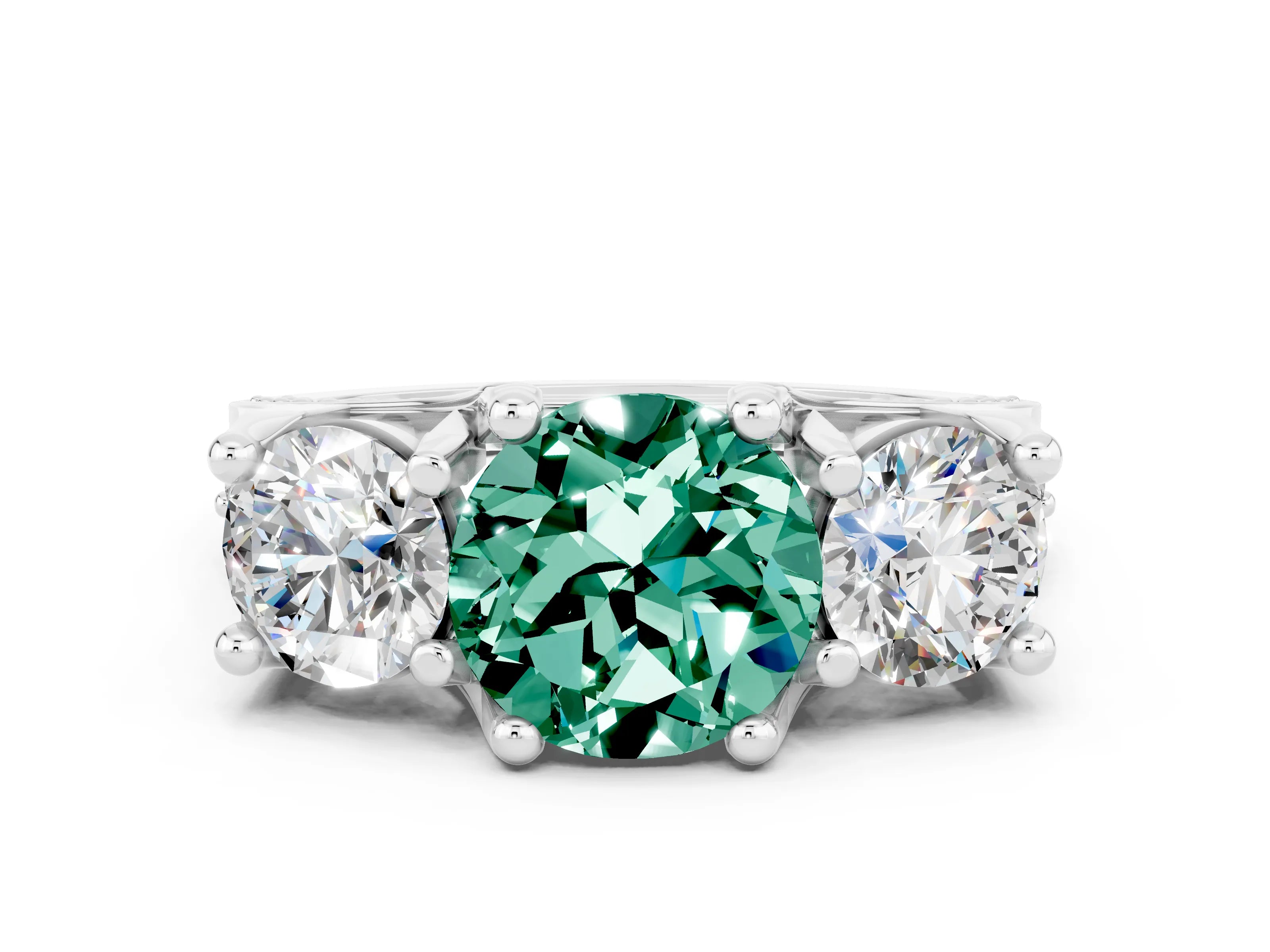 White gold Round Cut Green Sapphire Three-Stone Ring with Channel Set Band and Four-Prong Setting