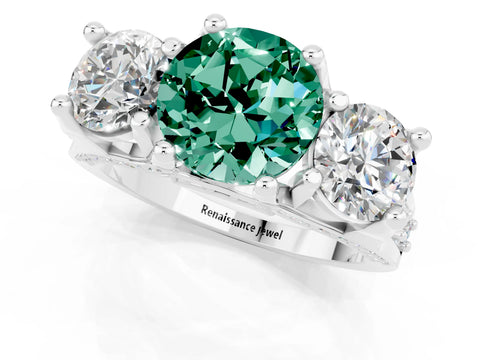 White gold Round Cut Green Sapphire Three-Stone Ring with Channel Set Band and Four-Prong Setting_1