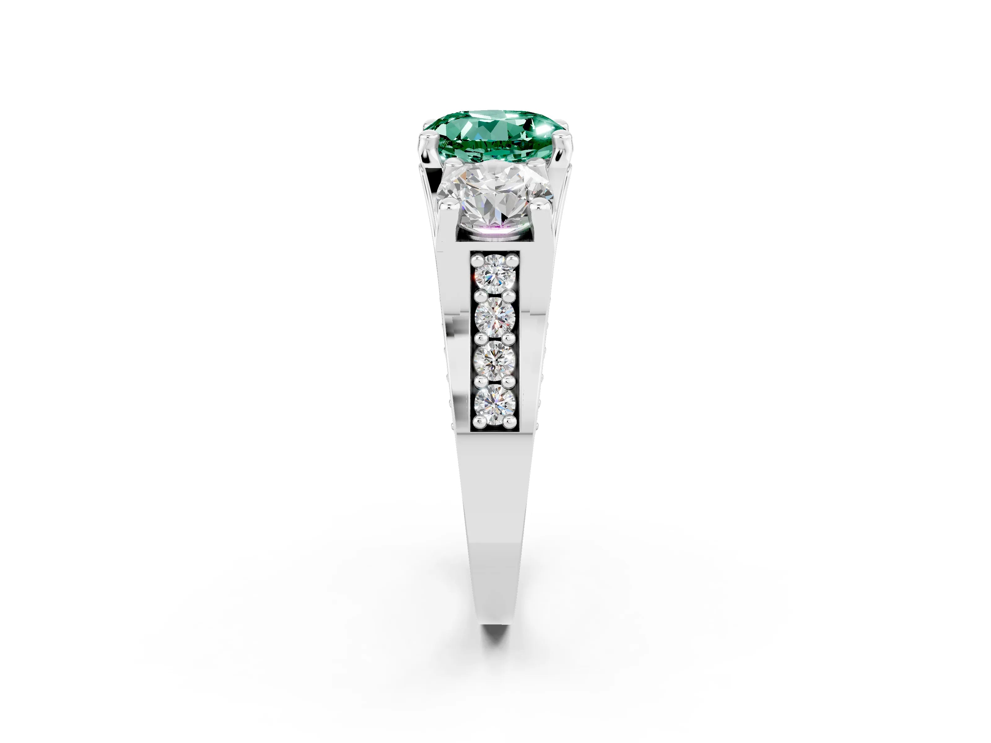 White gold Round Cut Green Sapphire Three-Stone Ring with Channel Set Band and Four-Prong Setting_2