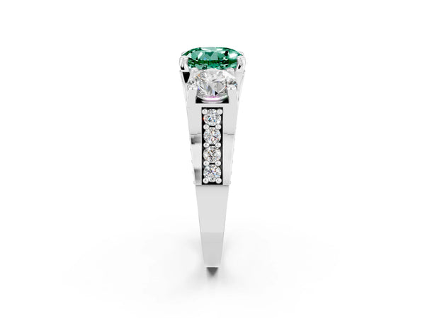 White gold Round Cut Green Sapphire Three-Stone Ring with Channel Set Band and Four-Prong Setting