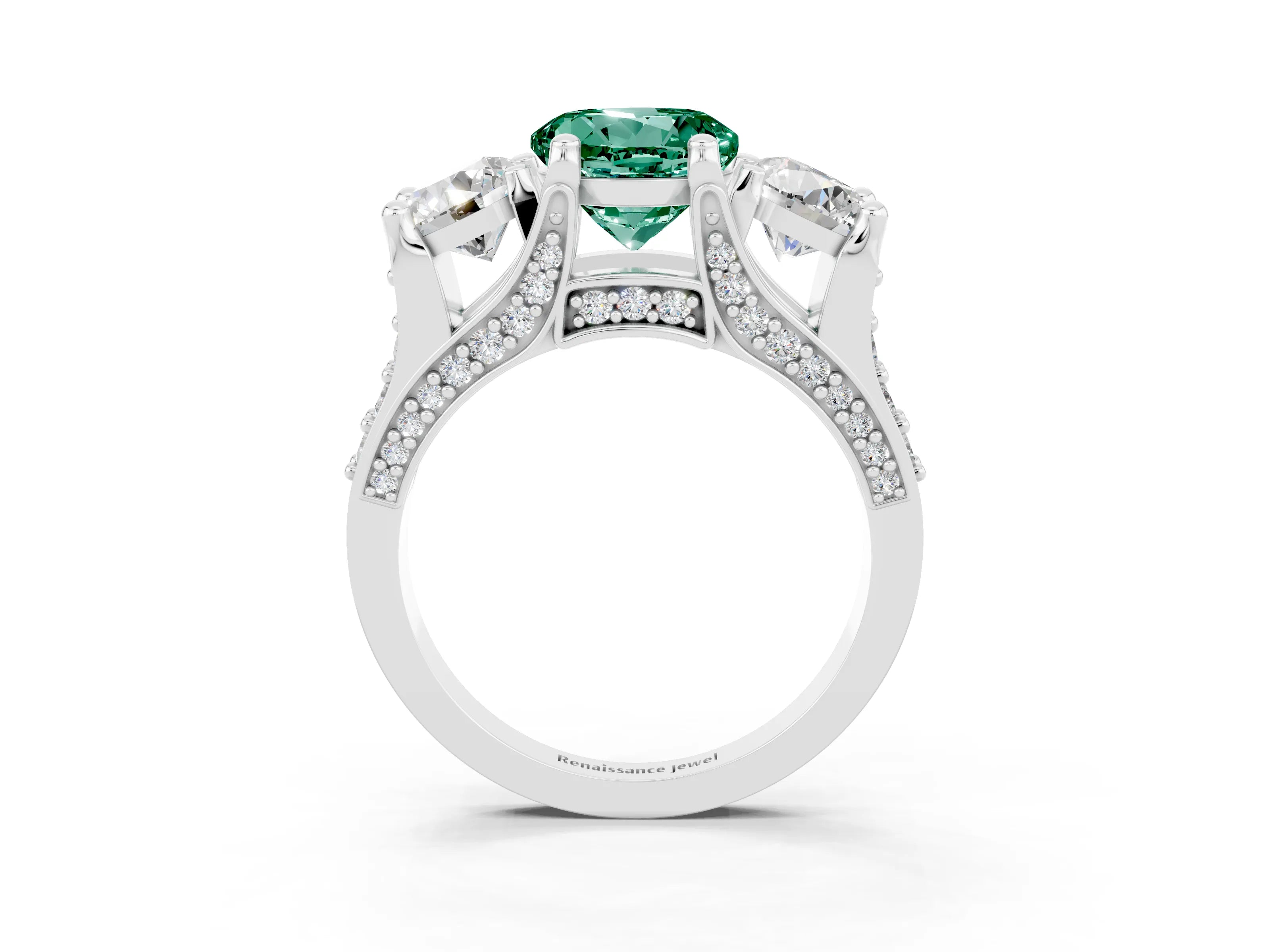 White gold Round Cut Green Sapphire Three-Stone Ring with Channel Set Band and Four-Prong Setting_3