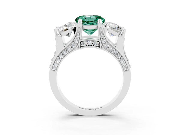 White gold Round Cut Green Sapphire Three-Stone Ring with Channel Set Band and Four-Prong Setting