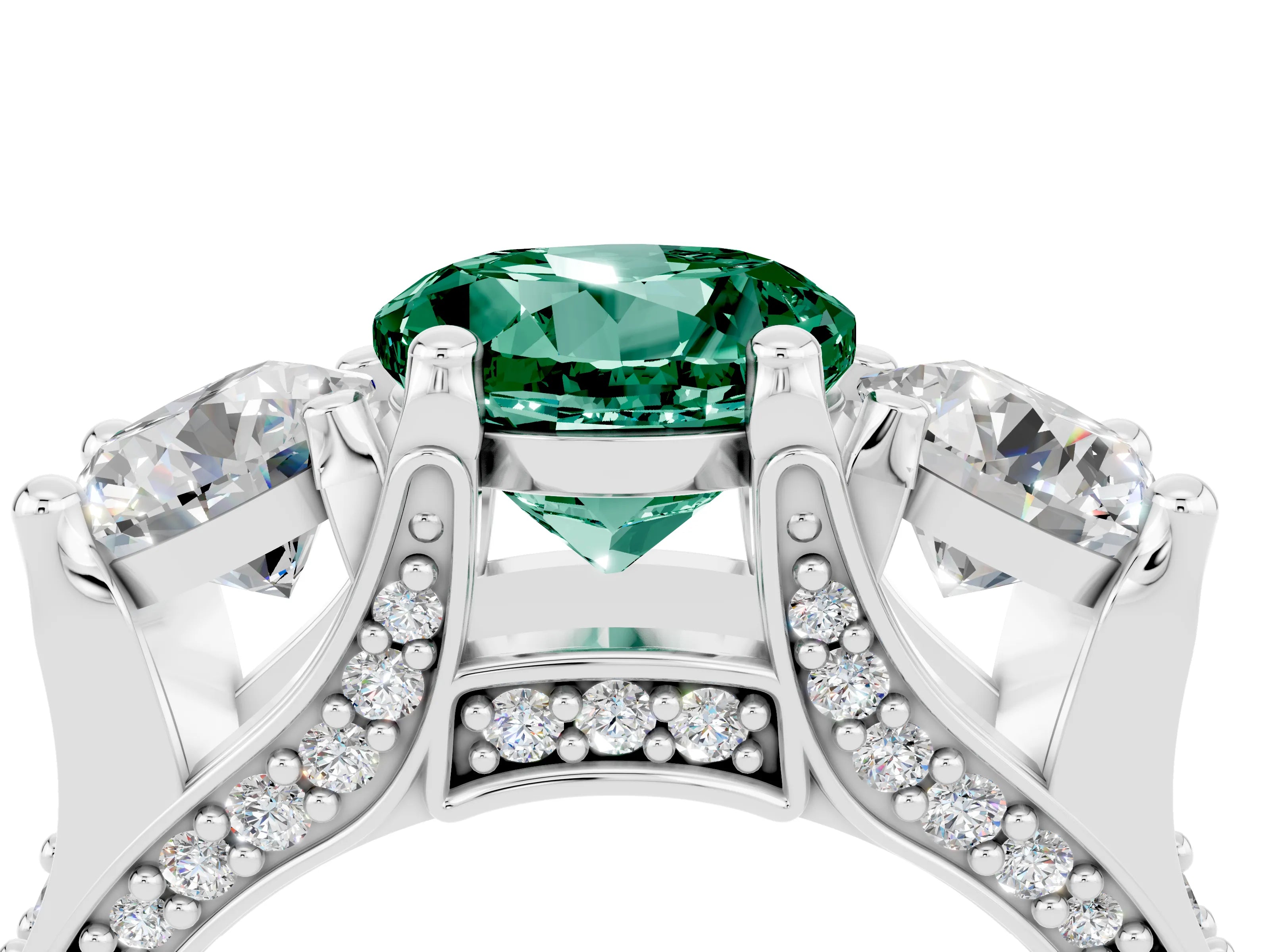 White gold Round Cut Green Sapphire Three-Stone Ring with Channel Set Band and Four-Prong Setting_4