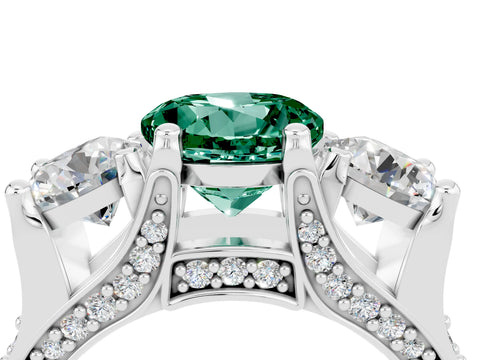 White gold Round Cut Green Sapphire Three-Stone Ring with Channel Set Band and Four-Prong Setting_4