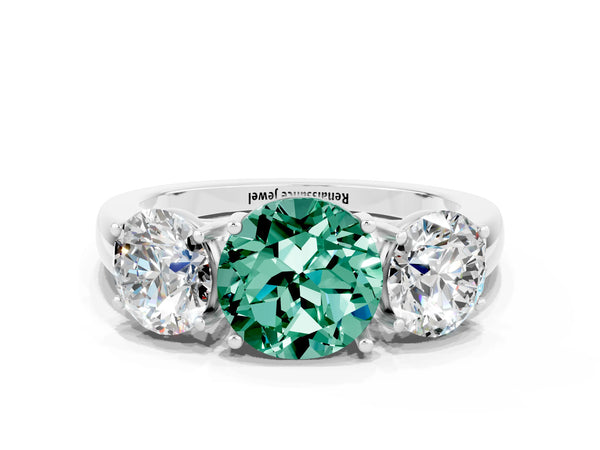 Platinum Round Cut Green Sapphire Three-Stone Ring with Four-Prong Setting and Classic Band