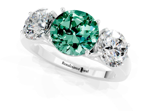 Silver Round Cut Green Sapphire Three-Stone Ring with Four-Prong Setting and Classic Band