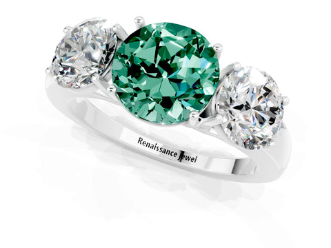 White gold Round Cut Green Sapphire Three-Stone Ring with Four-Prong Setting and Classic Band_1