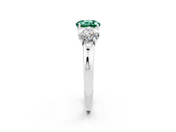Platinum Round Cut Green Sapphire Three-Stone Ring with Four-Prong Setting and Classic Band