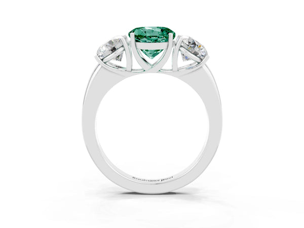 Platinum Round Cut Green Sapphire Three-Stone Ring with Four-Prong Setting and Classic Band