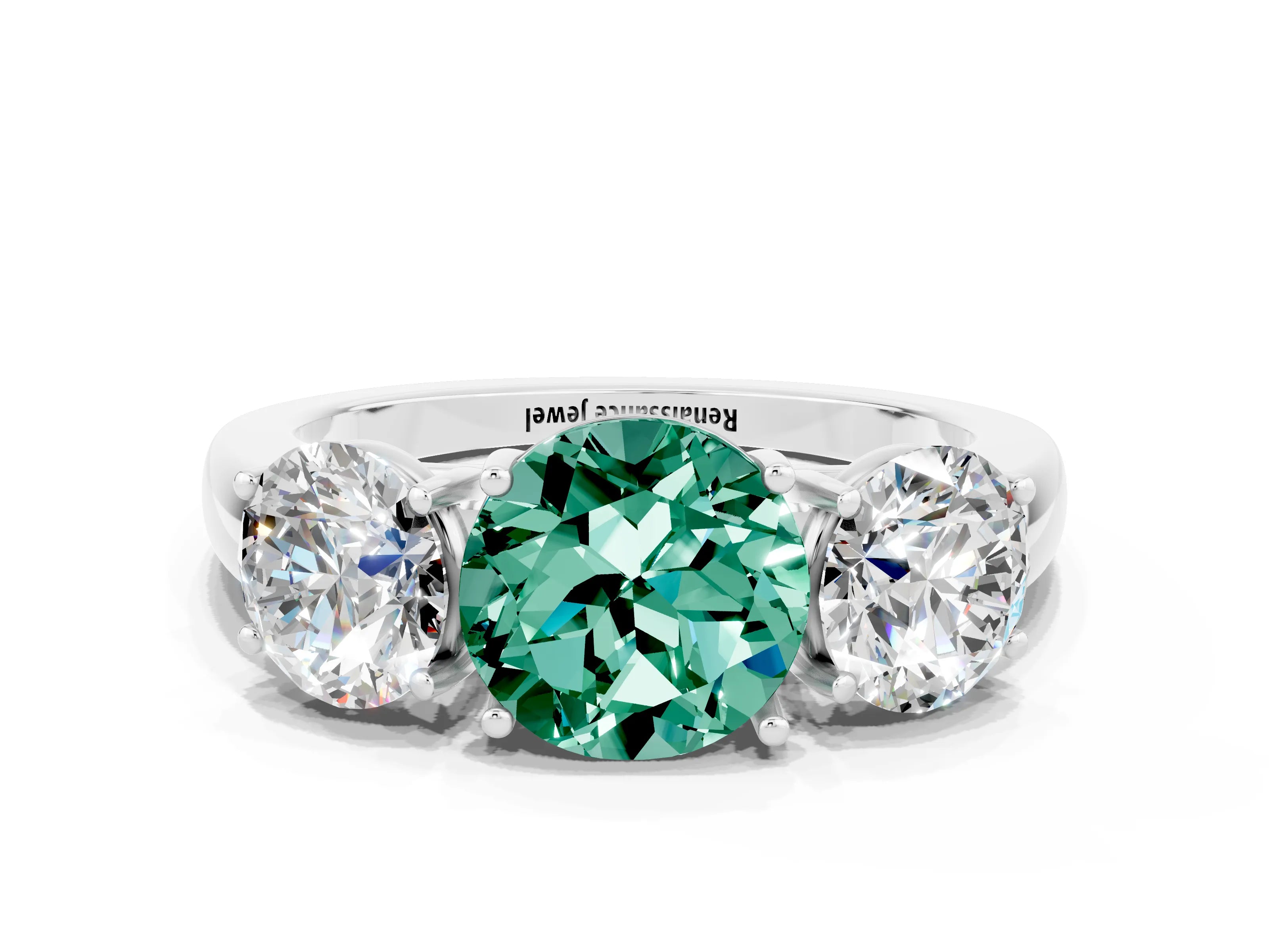 White gold Round Cut Green Sapphire Three-Stone Ring with Four-Prong Setting and Classic Band