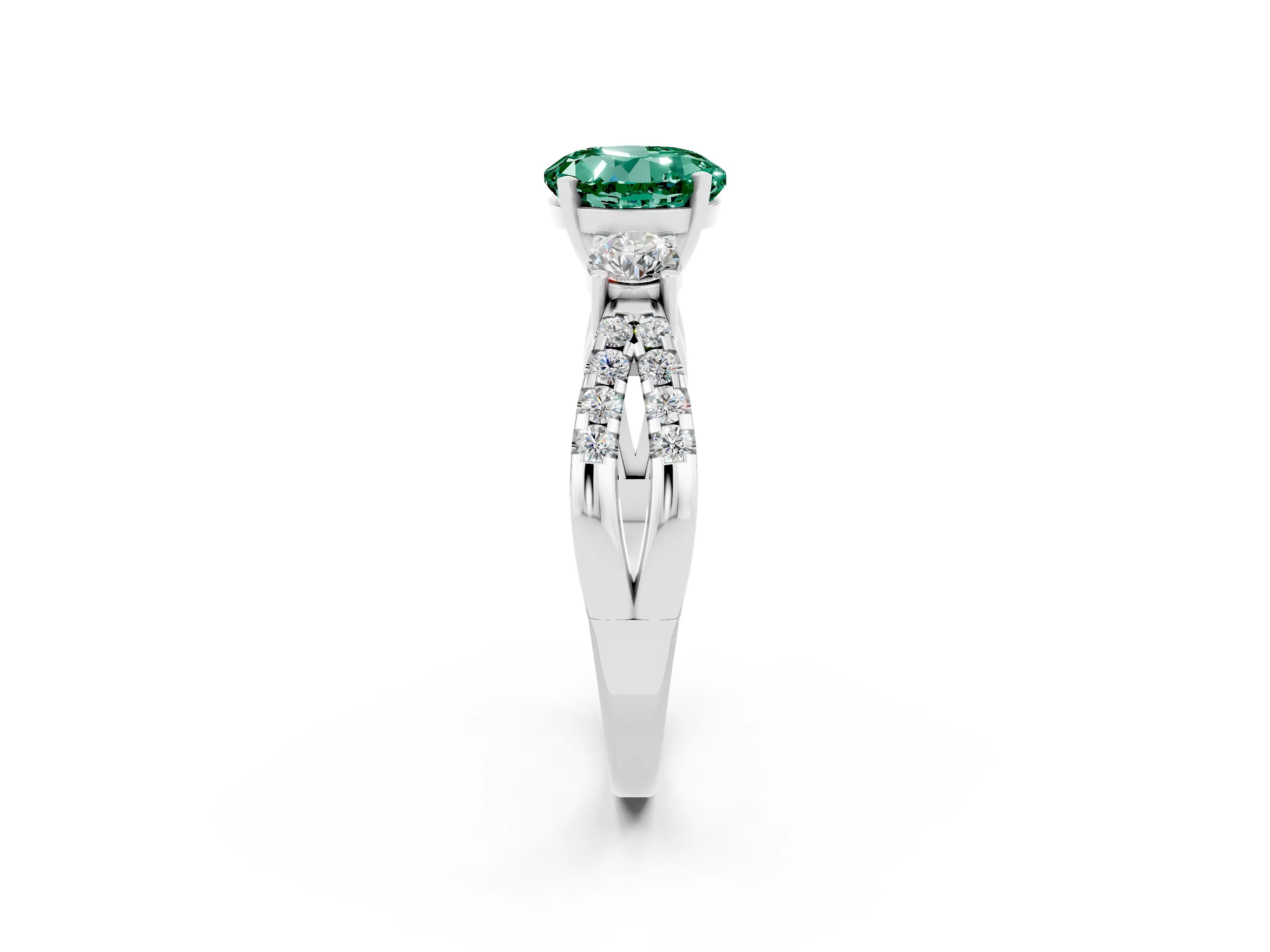 White gold Round Cut Green Sapphire Three-Stone Ring with Pavé Split Shank and Four-Prong Setting_2