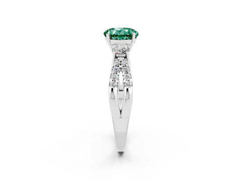 White gold Round Cut Green Sapphire Three-Stone Ring with Pavé Split Shank and Four-Prong Setting_2