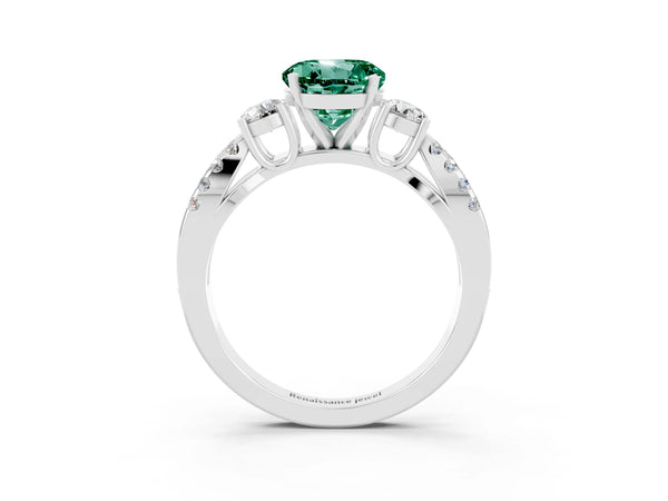 White gold Round Cut Green Sapphire Three-Stone Ring with Pavé Split Shank and Four-Prong Setting