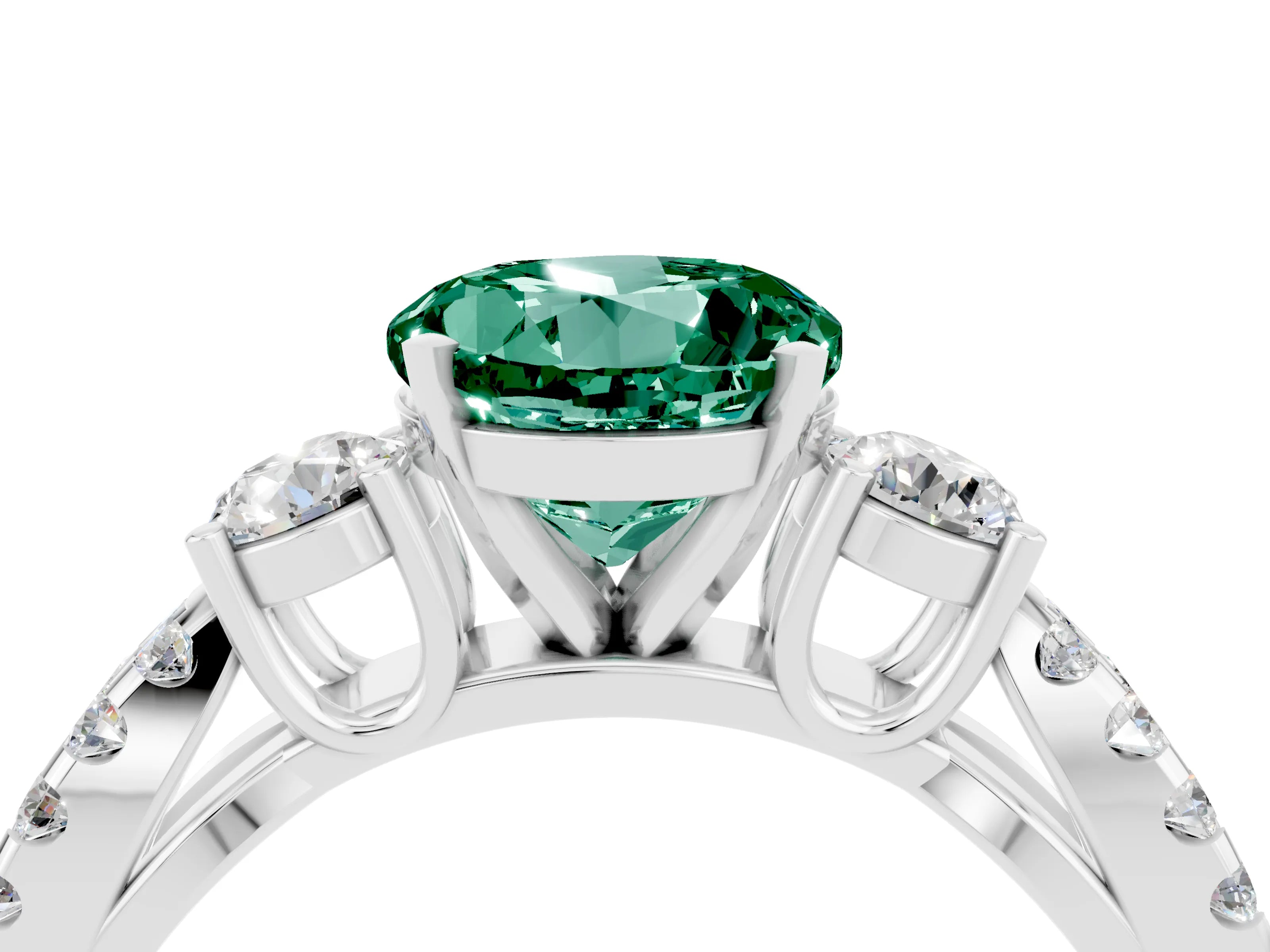 White gold Round Cut Green Sapphire Three-Stone Ring with Pavé Split Shank and Four-Prong Setting_4