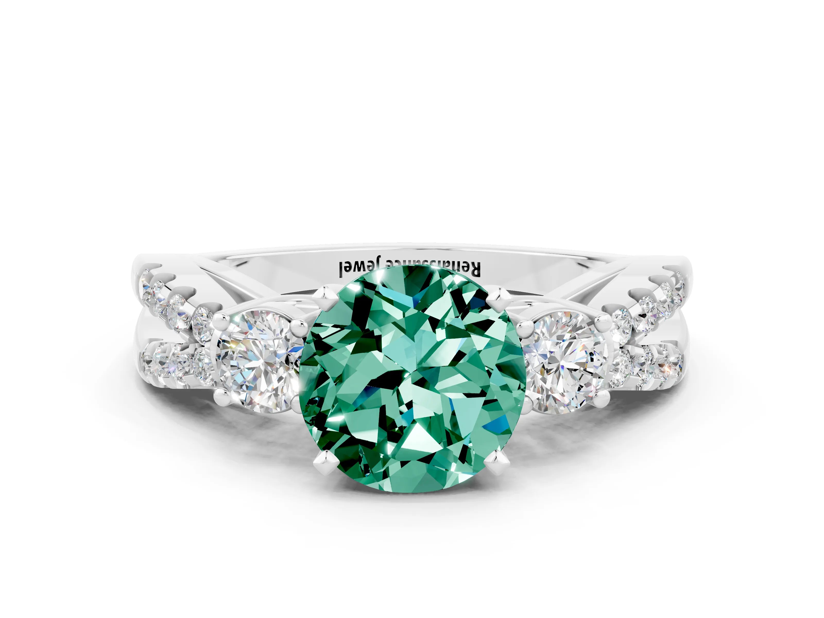 White gold Round Cut Green Sapphire Three-Stone Ring with Pavé Split Shank and Four-Prong Setting