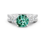 White gold Round Cut Green Sapphire Three-Stone Ring with Pavé Split Shank and Four-Prong Setting