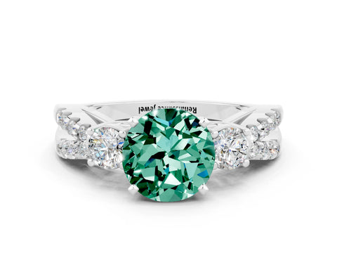 White gold Round Cut Green Sapphire Three-Stone Ring with Pavé Split Shank and Four-Prong Setting