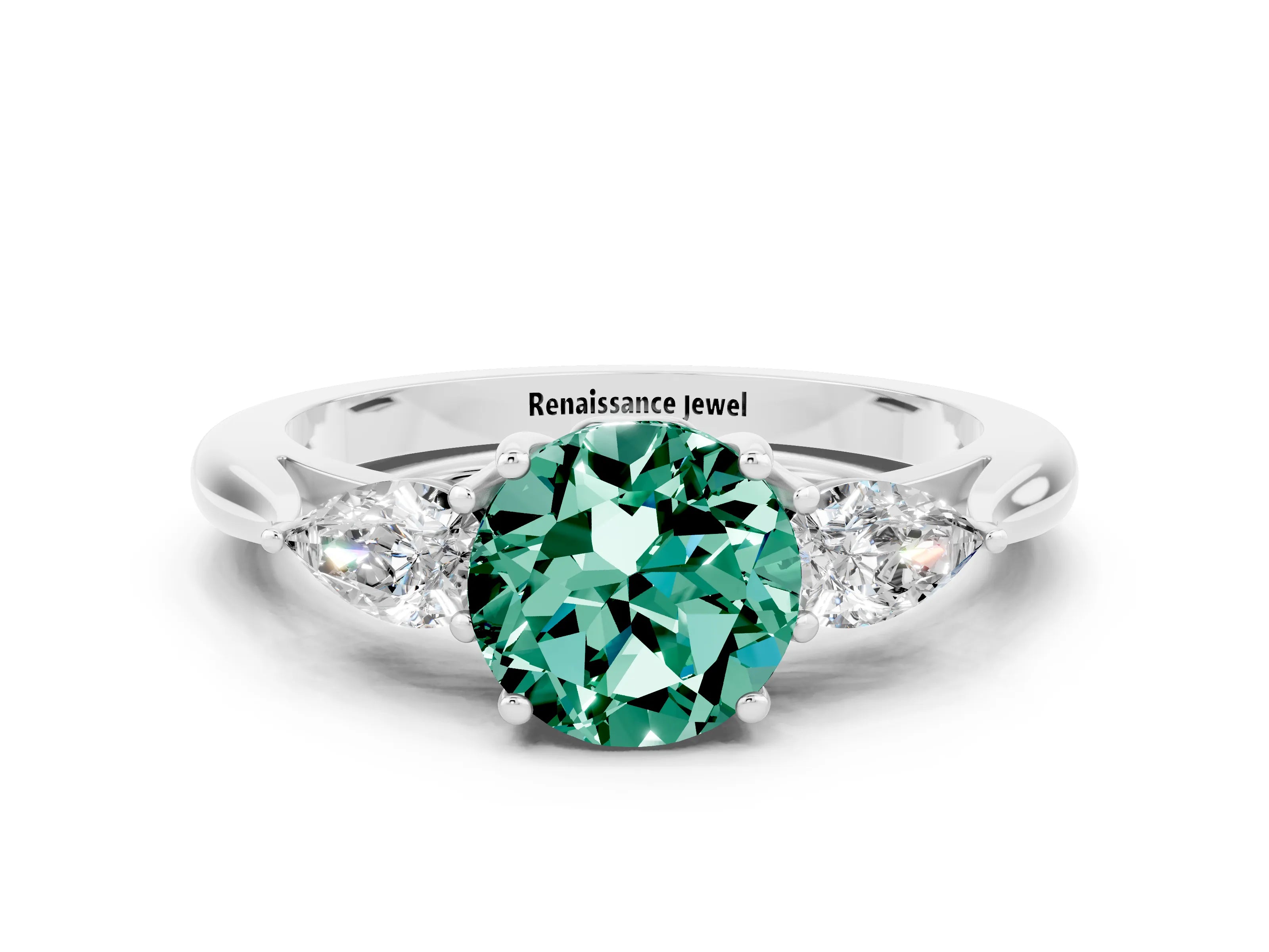 White gold Round Cut Green Sapphire Three-Stone Ring with Pear Side Stones and Four-Prong Setting_12