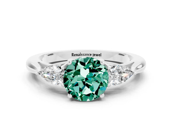 Silver Round Cut Green Sapphire Three-Stone Ring with Pear  Side Stones and Prong Setting