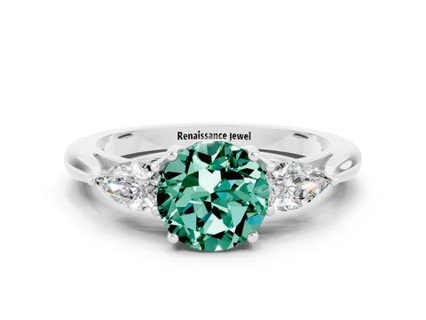 White gold Round Cut Green Sapphire Three-Stone Ring with Pear Side Stones and Four-Prong Setting_12