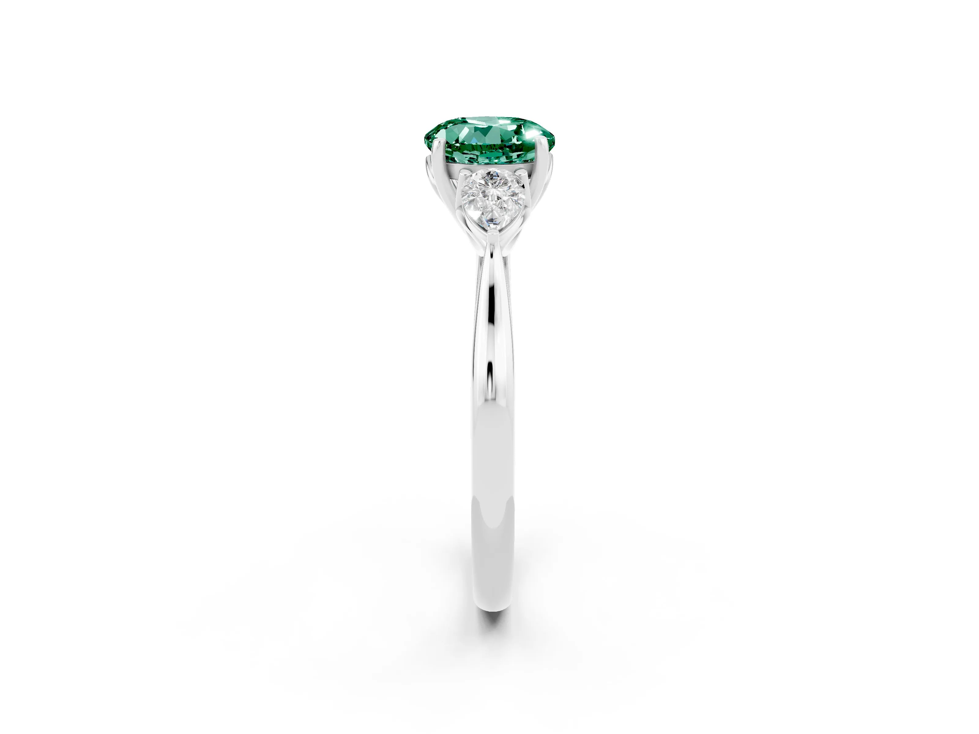 White gold Round Cut Green Sapphire Three-Stone Ring with Pear Side Stones and Four-Prong Setting_14