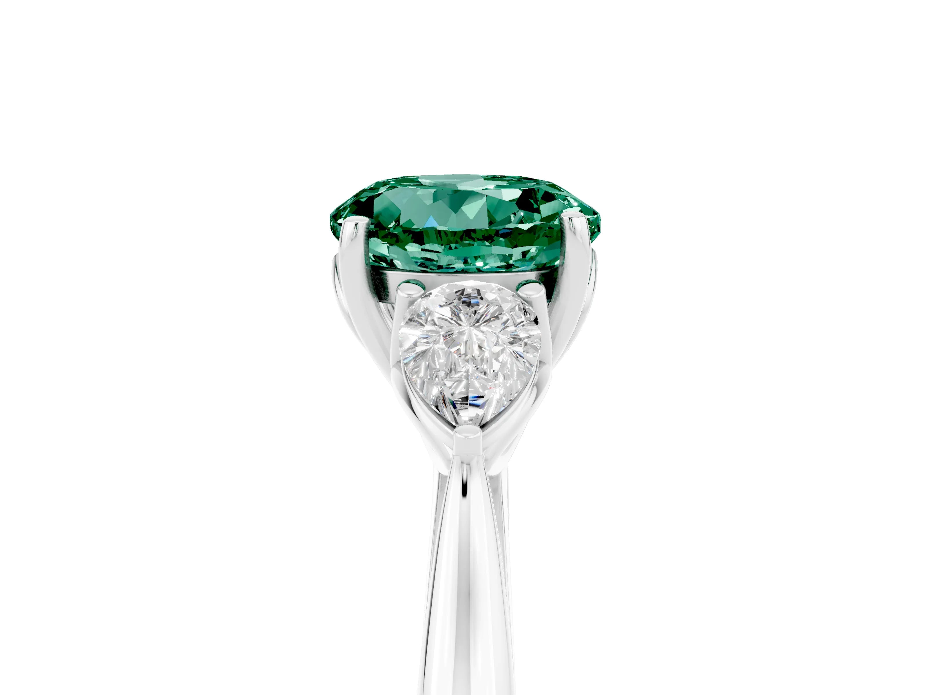 White gold Round Cut Green Sapphire Three-Stone Ring with Pear Side Stones and Four-Prong Setting_17